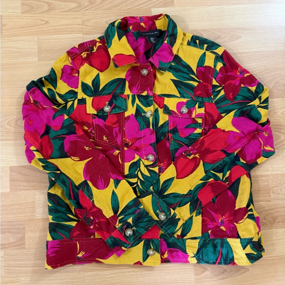 Tahari Floral Button Down Denim Style Jacket - Pink, Green, Yellow